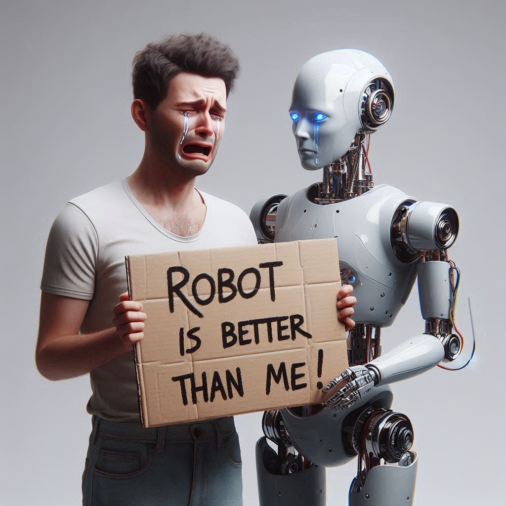 a man holding a sign next to a robot